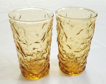 Vintage Yellow Crinkle Glasses - Set of Two - Retro 1960s 1970s Style Groovy Glassware --- Warm Colors Juice Glass Drink Cups Kitchen Decor