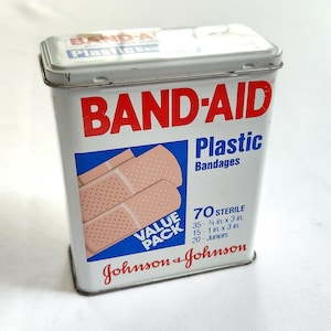 Vintage Band-Aid Plastic Bandages Tin -- Retro 1980s Johnson & Johnson Metal Box Pharmacy Bathroom Home Decor -- Secret Hidden Storage