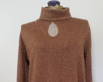 Vintage Lane Bryant Metallic Brown Keyhole Turtleneck Sweater --- Retro 1990s Simple Elegant Women's Fashion --- 90s Winter Clothing