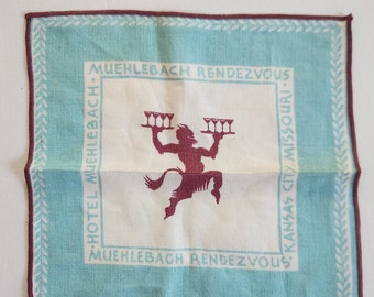 Vintage Hotel Muehlebach Rendezvous Handkerchief --- Very Rare Retro Hotel Bar Restaurant Souvenir --- Bartender Devil Home Decor Linens