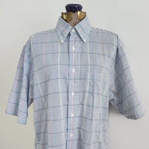 Vintage Blue Striped Short Sleeve Button Down Oxford Shirt --- Retro Classic Men&#39;s Business Casual Clothing --- Everyday Streetwear Unisex