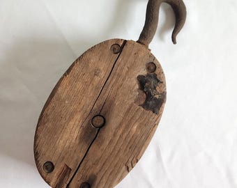 Vintage Wood & Metal Pulley with Hook --- Antique Primitive Industrial Fishing Boat Rustic Nautical Home Decor --- Workshop Farmhouse Barn