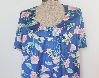 Vintage Vanity Fair Blue with Flowers Satiny Shirt -- Retro Floral Pajama Style Blouse Cute Comfy Women's Clothing - Colorful Loungewear Top