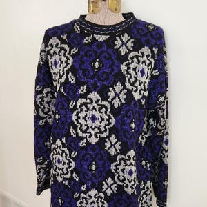 Vintage Silver & Purple Metallic Floral Pattern Black Sweater -- Retro 1970s 1980s Sparkly Women's Cozy Winter Clothing -- Colorful Knitwear