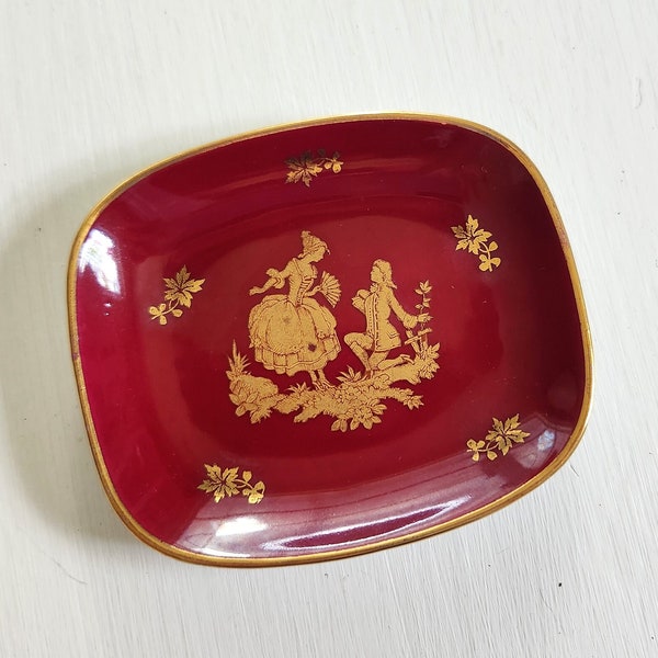 Vintage French Lovers Red & Metallic Gold Ring Dish --- Retro Limoges France Porcelain Trinket Dish --- Lovely Chateau Cottage Home Decor