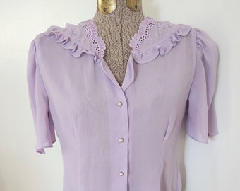 Vintage Sauci California Sheer Lavender Purple Frilly Embroidered Blouse --- Retro Pastel Lilac Spring Summer Women's Clothing Cute Shirt