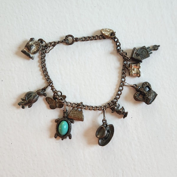 Vintage Metal Charm Bracelet - Turkey Penguin Butterfly Turtle Teacup Crown - Antique Style Aged Costume Jewelry --- Classic Girls Accessory