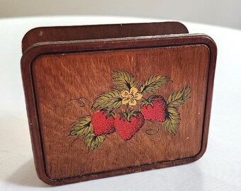 Vintage Strawberries Wooden Napkin Holder --- Retro 1970s Style Rustic Farm Primitive Fruity Kitchen Decor --- Office Desk Paper Organizer