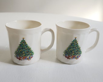 Vintage Salem Porcelle Christmas Tree Mugs - Set of Two - Retro French Holiday Coffee Tea Hot Chocolate Cups --- Christmas Kitchen Decor