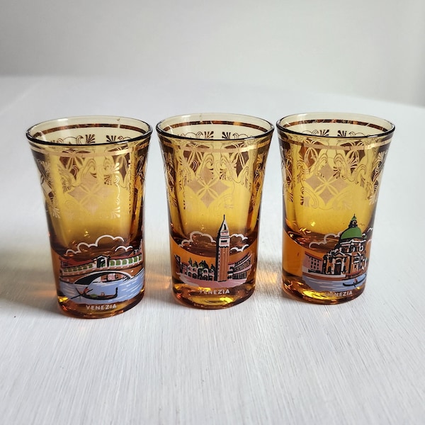 Vintage Venezia City Scenery Amber-Colored Shot Glasses - Set of Three - Retro Venice Souvenir Barware --- Italian Masquerade Party Decor
