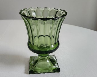 Vintage Olive Green Clear Glass Pedestal Urn --- Retro 1960s 1970s Style Home Decor Colorful Glassware Vase --- Groovy Avacado Green