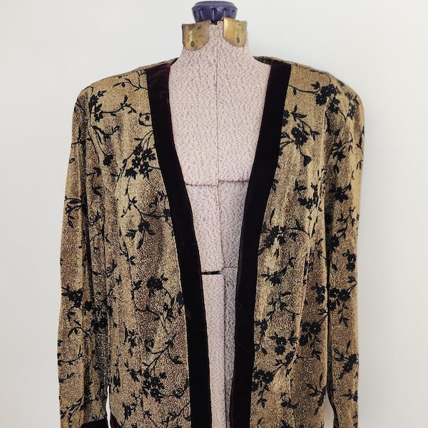 Vintage Betsy's Things Metallic Gold Open Front Blazer Style Cardigan Jacket --- Retro Shiny Floral Disco Women's Clothing --- Evening Party