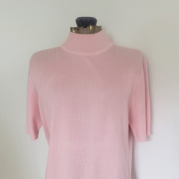 Vintage Croft & Barrow Pastel Pink Short Sleeve Rib Knit Sweater --- Retro 1990s Simple Casual Women's Clothing --- Colorful Layering Shirt