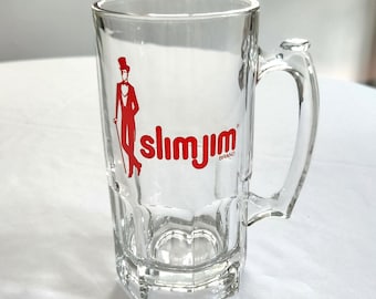 Taza grande de cristal transparente vintage Slim Jim --- Vaso publicitario de marca de comida retro --- Regalo de cumpleaños número 21 para soltero