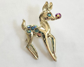 Vintage Rudolph the Red Nosed Reindeer Gold-Tone Metal & Rhinestone Brooch --- Retro 1950s 1960s Style Christmas Costume Jewelry Lapel Pin