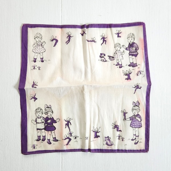 Vintage Pixies & Children Purple White Handkerchief --- Retro Fairies Cute Little Linens Fairy Tale Cottage Home Decor --- Whimsical Hanky