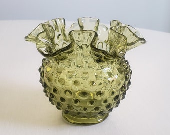 Vintage Fenton Olive Green Hobnail Crinkle Round Vase -- Retro Colored Glass Rose Bud Flower Holder - 1960s 1970s Style Home Decor Glassware
