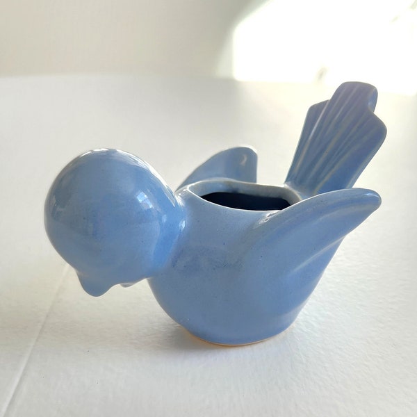 Vintage Blue Bird Ceramic Pottery Planter --- Retro 1950s Style Spring Home Decor --- Little Flower Pot Air Succulent Holder Pen Pencil Cup