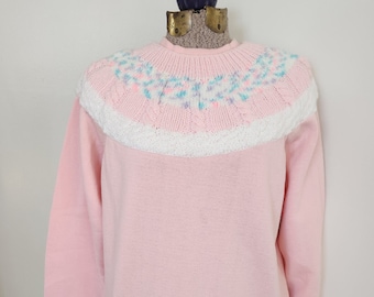 Vintage Pastel Pink Knit Collar Sweatshirt --- Retro 1980s Cute Women's Unique Fair Isle Style Pullover Sweater --- 80s Girly Clothing