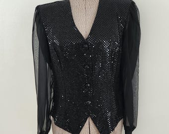 Vintage Another Thyme Black Sequins Sparkle Blouse with Sheer Sleeves --- Retro 1980s Shiny Magician Party Shirt Girls Night Party Clothing