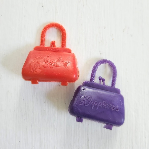 Vintage Red & Purple Plastic Top Handle Handbag Barbie Sized Doll Fashion Accessory - Set of Two - Retro 1960s 1970s Style Toy Accessories