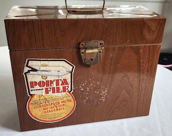 Vintage Porta-file Faux Wood Metal Storage Case With Key -- Retro