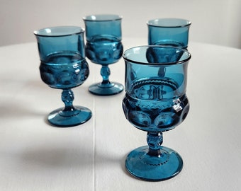 Vintage Blue Glass King's Crown Thumbprint Goblets - Set of Four - Retro 1970s 1980s Formal Dining Wine Glasses Stemware - Modern Home Decor