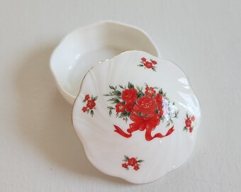 Vintage Lefton China Red Flowers Porcelain Trinket Dish Jewelry Box --- Retro 1990s Floral Cottage Home Decor --- Sentimental Gifts for Her