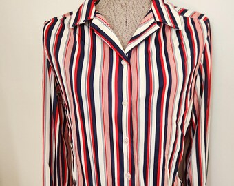 Vintage Fire Islander Red White & Blue Vertical Striped Blouse --- Retro 1970s Women's Button Down Dress Shirt --- Patriotic American Colors