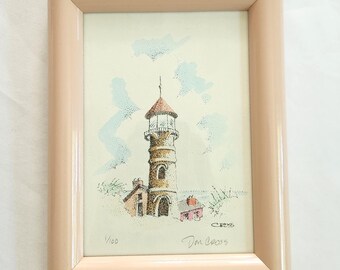 Vintage Don Cross Lighthouse Pointillism Watercolor Signed Framed 1/100 Print --- Retro Quaint Beach Cottage Wall Decor Coastal Seashore Art