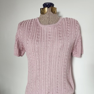 Vintage Field Manor Modern Classics Dusty Lilac Purple Cable Knit T-Shirt --- Retro Casual Knitwear Women&#39;s Clothing --- Pastel Tee Blouse