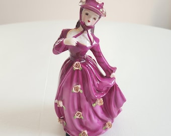 Vintage Fifi PY5742 Geo. Z. Lefton Ceramic Southern Belle In Purple Dress with Flowers Woman Figurine --- Retro 1950s Lovely Home Decor