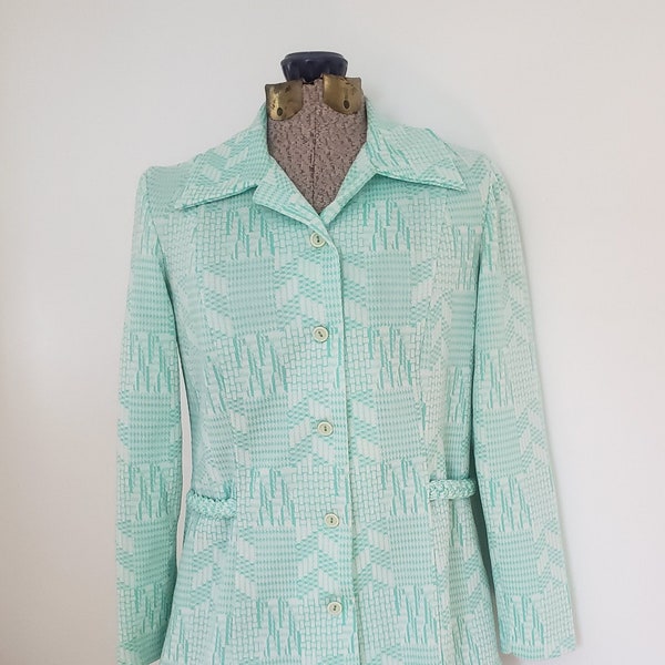 Vintage Minty Teal Blue & White Woven Geometric Button Down Shirt --- Retro 1960s 1970s Butterfly Collar Blouse --- Pastel Disco Clothing