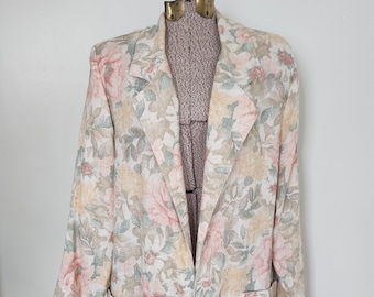 Vintage Lisa Josephs Pink & Beige Floral Blazer Jacket --- Retro Spring Summer Linen Women's Menswear Clothing --- Cute Flower Sports Coat