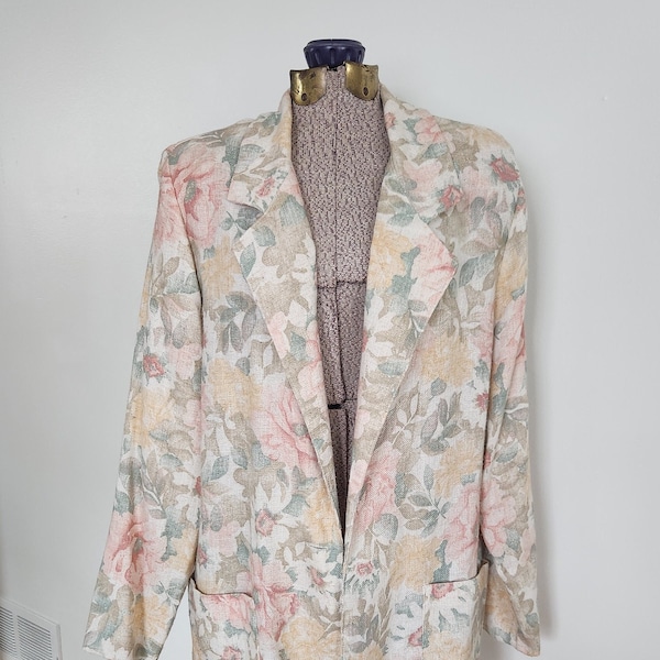Vintage Lisa Josephs Pink & Beige Floral Blazer Jacket --- Retro Spring Summer Linen Women's Menswear Clothing --- Cute Flower Sports Coat