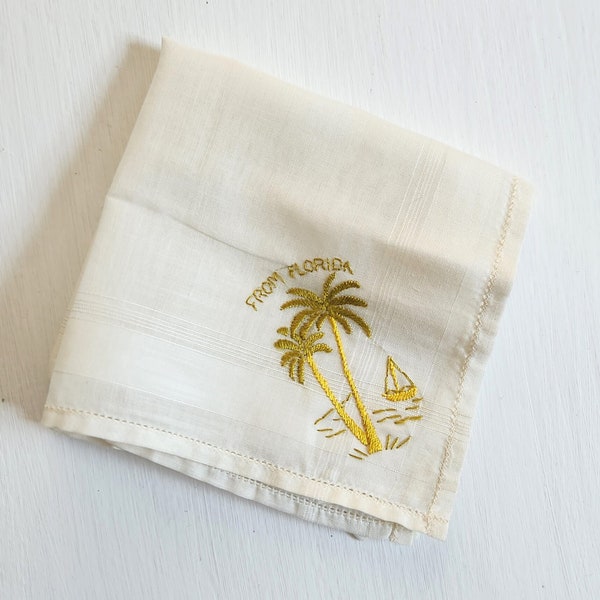 Vintage From Florida Embroidered Handkerchief --- Retro Palm Trees Sailboat Souvenir Hanky --- Tropical Beach Home Decor Summer Wedding