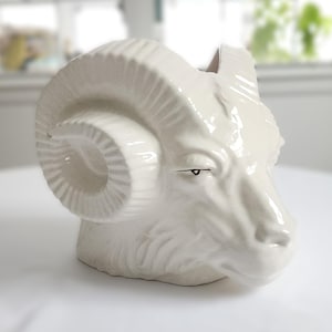 Vintage Ram Head Large White Ceramic Planter --- Retro Occult Witch Gothic Home Decor Rare Novelty Flower Pot --- Farm Animal Figurine