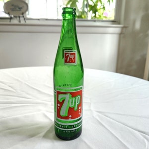 Vintage 7 Up Green Glass Soda Bottle --- Retro 1960s Beverages Drink Glassware --- Groovy Mod Kitchen Decor Unique Skinny Flower Vase