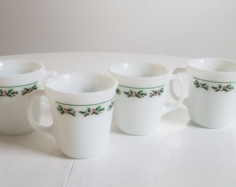 Vintage Holly Days Corning Milk Glass Mugs - Set of Four - Retro Christmas Holiday Kitchen Home Decor --- Coffee Tea Hot Chocolate Cups