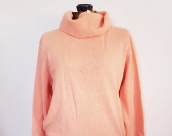 Vintage Alessandra Lambswool & Angora Rabbit Peachy Coral Pink Turtleneck Sweater --- Retro Simple Cozy Women's Women's Knitwear Clothing