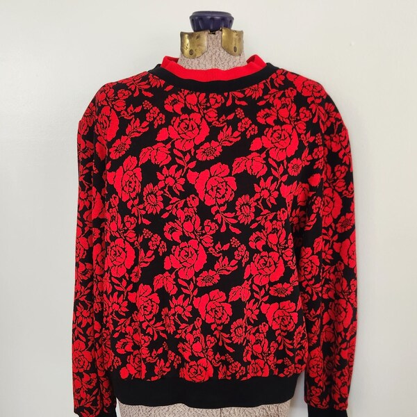 Vintage Cape Cod Sportswear Red & Black Flowers Sweater --- Retro 1980s Cute Novelty Women's Knitwear --- 80s Casual Colorful Clothing