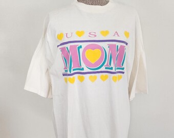Vintage Mom USA PM Enterprises Pastel Colors Heart T-Shirt --- Retro 1980s 1990s Mother Graphic White Tee Shirt --- Momcore Clothing