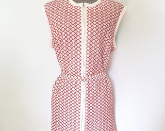 Vintage Red & White Geometric Line Pattern Babydoll Shift Dress with Sash --- Rero 1950s 1960s Mod Women's Clothing --- Cute Party Dress