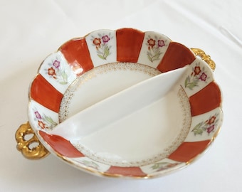 Vintage Ucagco China Hand Painted Flowers Divided Bowl --- Occupied Japan Ceramics Antique Style  Floral Jewelry Dish --- Vermilion & Gold
