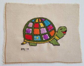 Vintage Rainbow Turtle Crewel Embroidery --- Retro 1970s Groovy Animal Embroidered Art --- 70s Colorful Cottage Garden Nature Home Decor