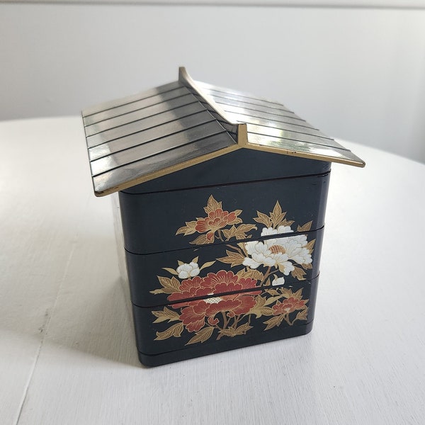 Vintage Camellia Flower Pagoda Faux Lacquerware Plastic Stacking Box --- Rerto Asian Style Home Decor --- Trinket Treasure Jewelry Box