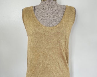 Vintage Studio Michelle Stuart Gold Metallic Knit Tank Top -- Retro 1990s Summer Women's Clothing - Simple 90s Y2K Sleeveless Layering Shirt
