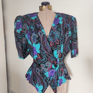 Vintage Lady Page Susan Page Purple Flowers & Paisley Blazer Style Blouse --- Retro 1980s Fun Floral Print Women&#39;s Clothing --- 80s Shirt