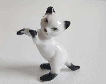 Vintage Playful Miniature Siamese Cat Porcelain Figurine -- Retro 1950s Black & White Kitten Home Decor - Cute Cat Gift Little Animal Figure