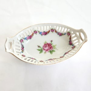 Vintage Pink Roses Cut Out Basket Bavarian Porcelain Dish -- Antique Spring Floral Trinket Jewelry Candy Dish -- Romantic Flowers Home Decor